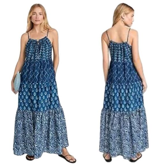 NWT Faherty Sun Chaser Maxi Dress in mix print and multi blue.Size S